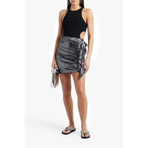 ba&sh Malaga Metallic Ruffled Mini Skirt in Silver Size L